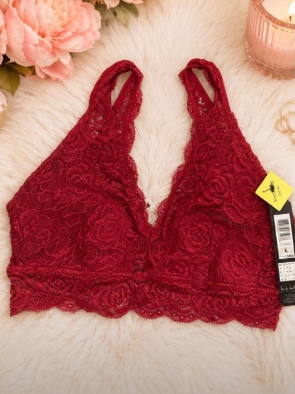 Nicole Miller Lace V-Neck Bralette - Wine - Size L - NWT